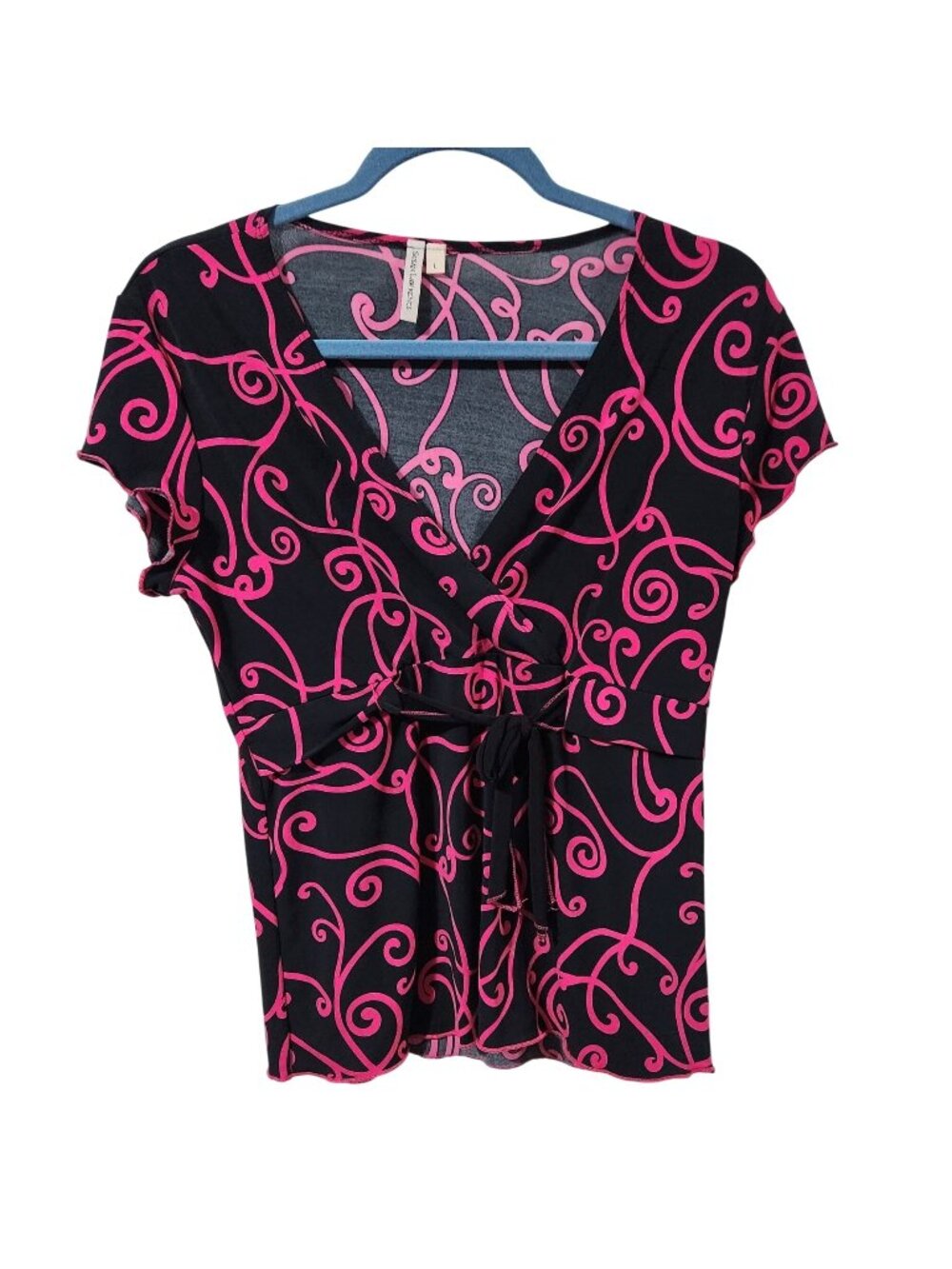 Susan Lawrence Womens Black & Pink Pattern Wrap Top Large Runs Smaller READ